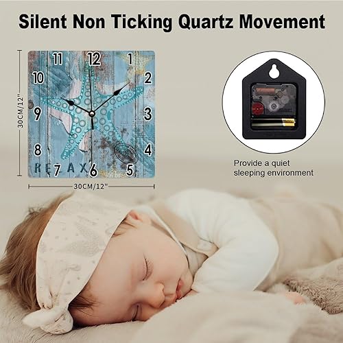 Miniatura 10 de Reloj de arte rústico de 12 x 12 pulgadas, estilo vintage, con diseño de océano, con carcasa de PVC, de grano de madera azul, animales marinos,