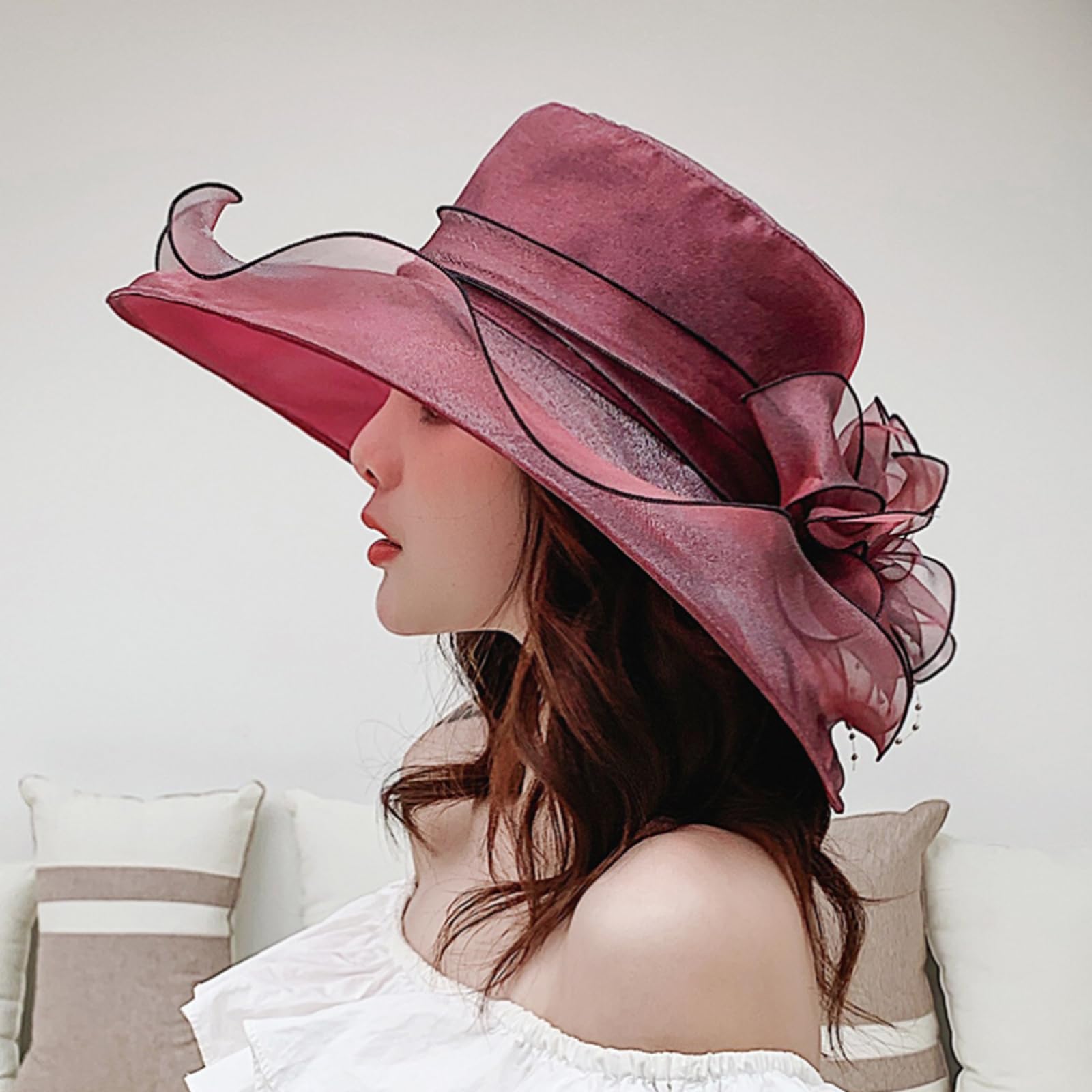 Damen-Fascinator aus Organza, Kirche, Braut, Teeparty, Hochzeit, Sommer, Rüschen, Blume, breite Krempe, Strand-Sonnenhut