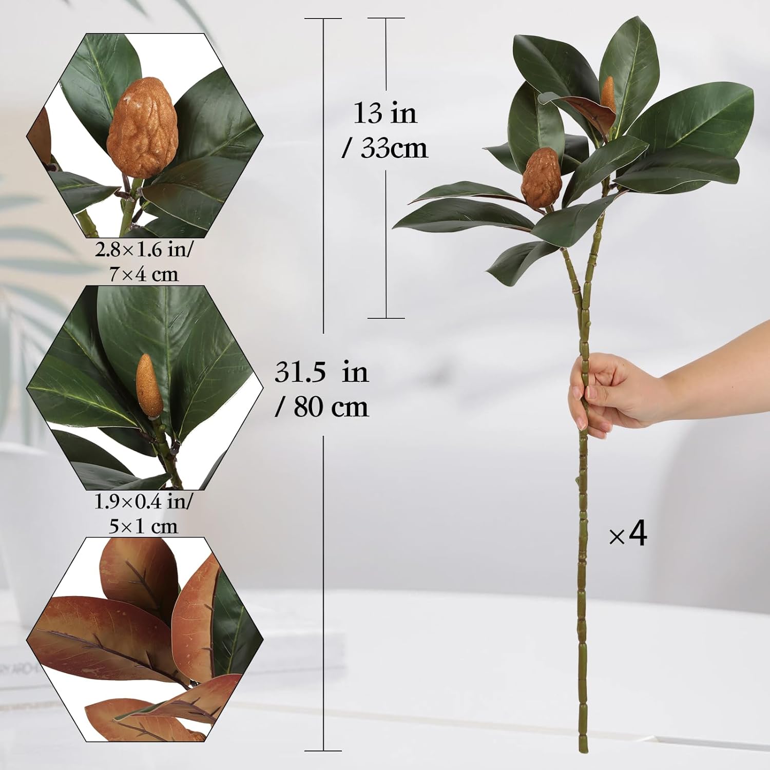 4Pcs Magnolia Branches 32 Inch Long Artificial Magnolia with Leaves and Fruit Stems 3D Plastic Printing Houseplant Greenery for Indoor Outdoor Home Office Wedding Vase Table Centerpiece Decor