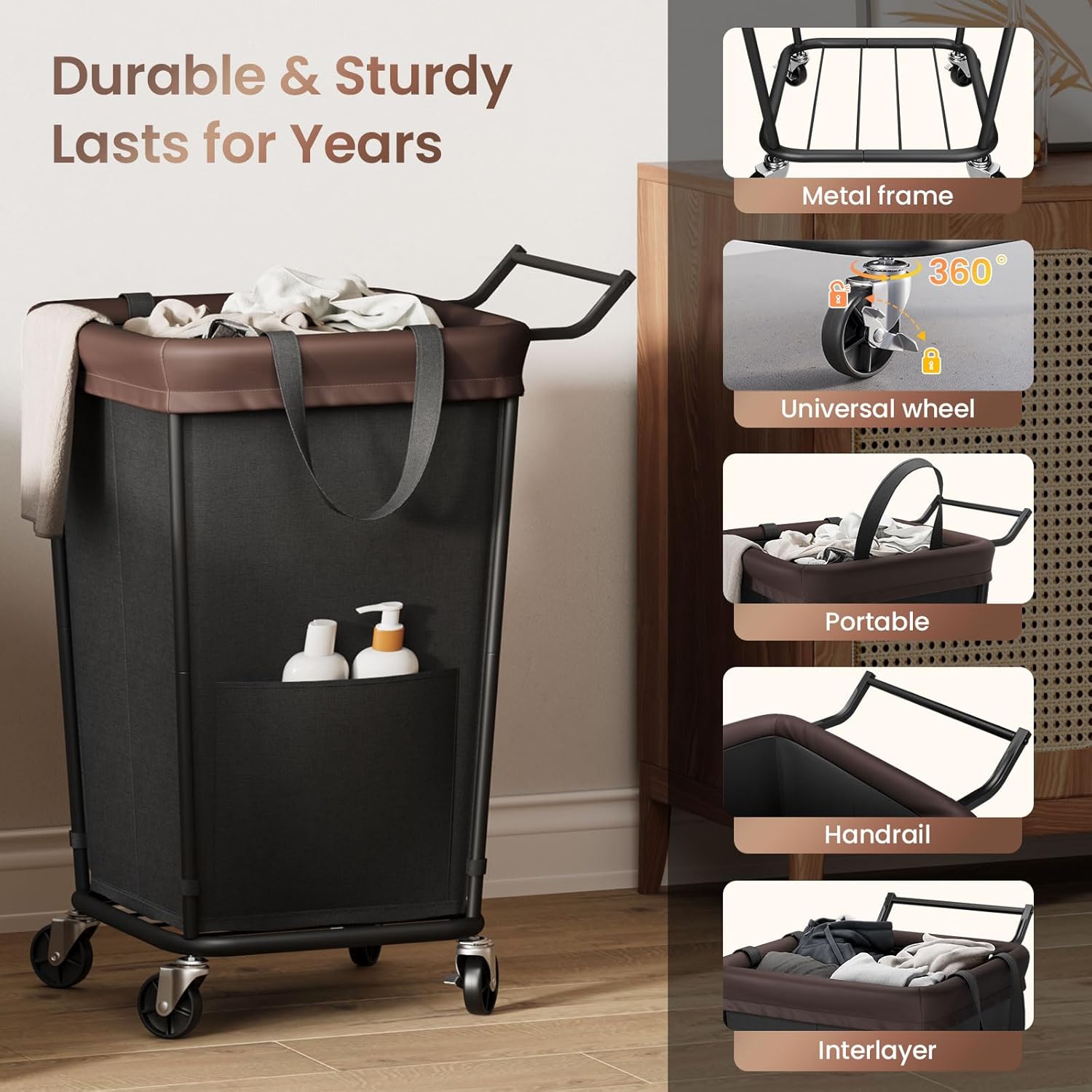 160L Laundry Hamper with Wheels and Handle, 2-Section Rolling Hamper for Laundry, Large Laundry Basket with Wheels, Rolling Laundry Basket Clothes Hamper for Home, Bathroom and Dorm(Black)