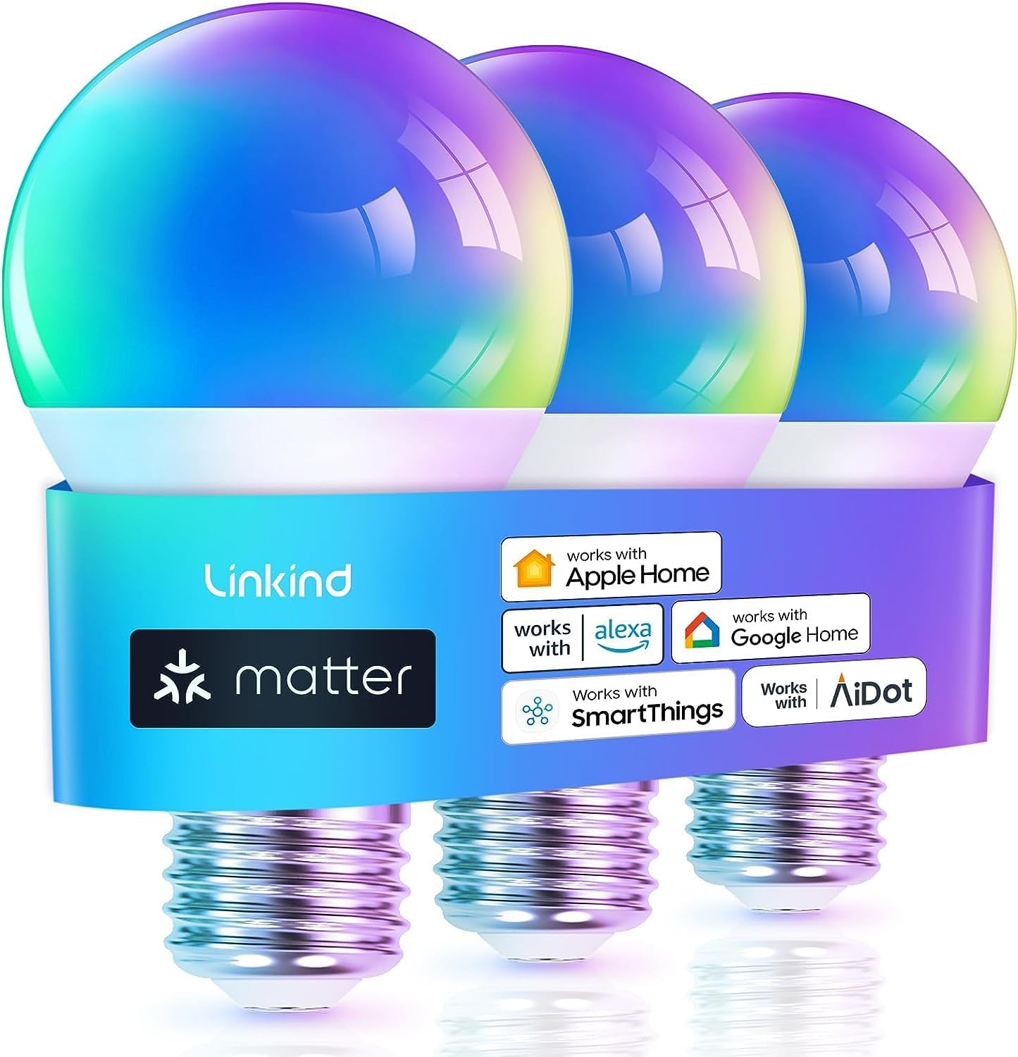 Linkind Matter Smart RGBTW Bulb, E27 Smart Bulb, Smart LED Light Bulbs Screw, 9W, 806lm, Smart Led Bulb with Music Sync,Works with Apple Home/Siri/Google Home/Alexa/SmartThings, 3 Pack [Energy Class F]