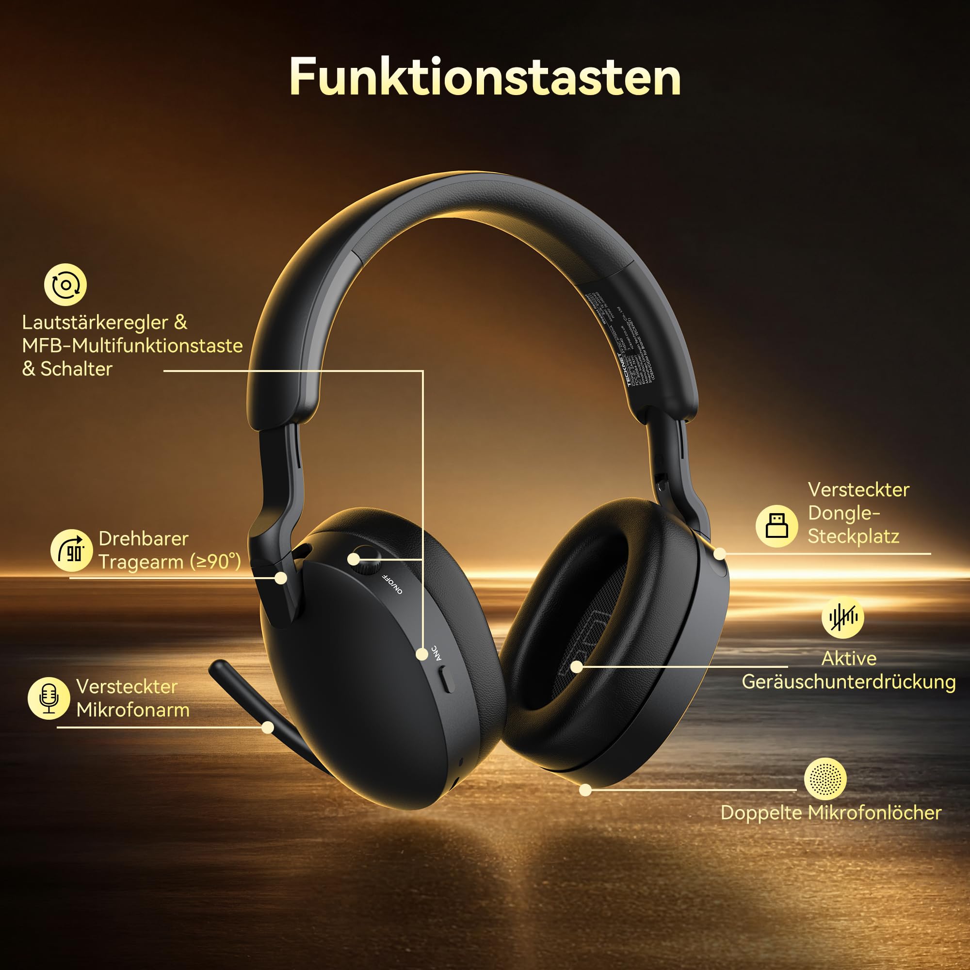 TECKNET Hybrid ANC Kopfhörer, V5.4 Bluetooth Headset mit Mikrofon, Mehrere Verbindungsmethoden, Schnellladung, 100 Std. Betriebsdauer, Over Ear Kopfhörer Bluetooth mit MFB für Musik、Büroarbeit