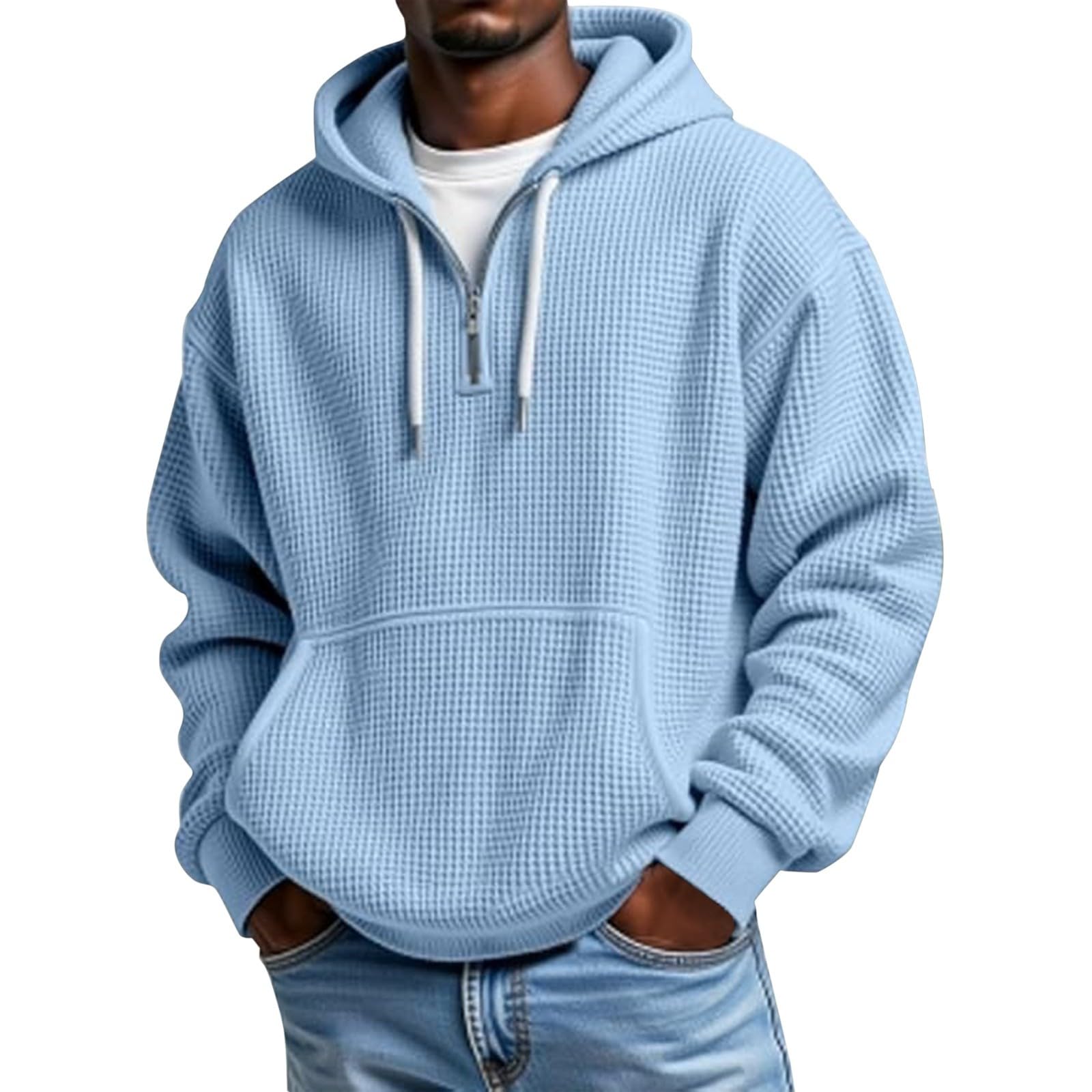 Mens Hoodies Pullover Quarter Zip Casaul Long Sleeve Drawstring Waffle Knit Hooded Sweatshirt with Pocket