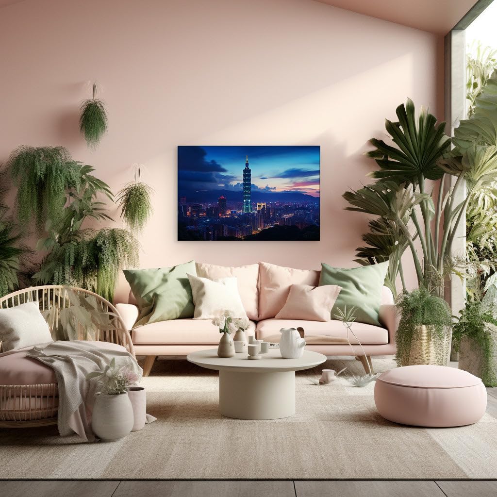 Canvas for Living room. Illuminating the Heavens: Taipei 101 Against a Dreamy Twilight Sky, 27 x 18 inch Canvas Wall Art - Nature'S Tranquility - Spiritual Home Decor