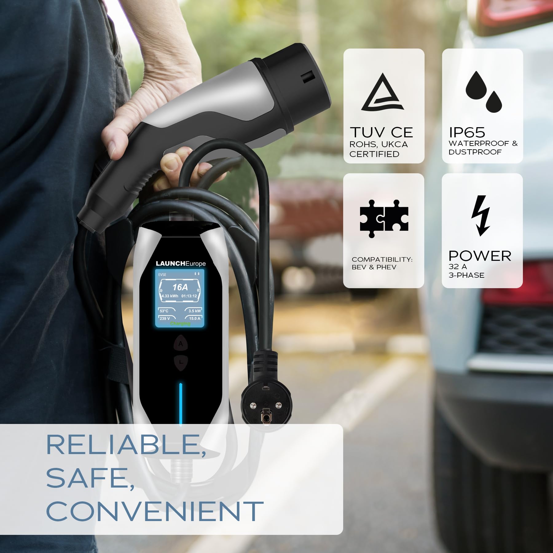 LAUNCH Europe Mobile Wallbox 3,5 kW [1-phasig | 7 m | 6–16 A] mit App-Steuerung & Typ-2-Schutz, Tragbare EV Ladestation CEE Schuko für Model Y/3, ID.3/4/5, ZOE, e-tron und andere PHEV/EV