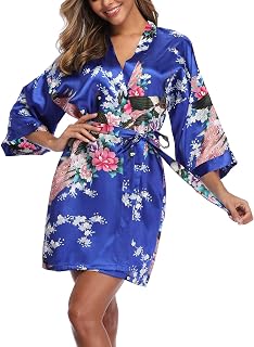 Women's Floral Kimono Satin Short Robe Peacock and Blossom Soft Bathrobe for Wedding Party Getting Ready