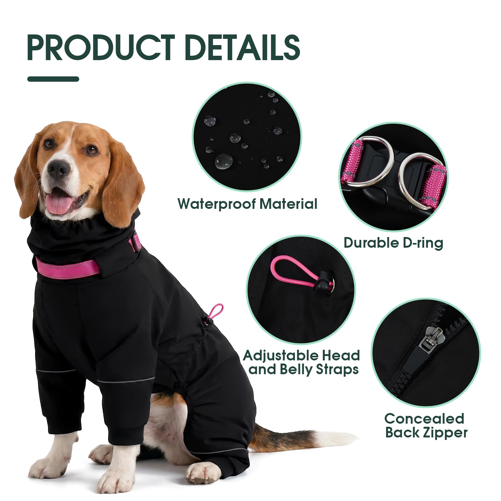 Kuoser Manteau de pluie imperméable pour chien avec capuche réglable Noir Taille XL | Manteau de pluie léger et respirant pour chien avec 4 pattes et col haut réglable réfléchissant