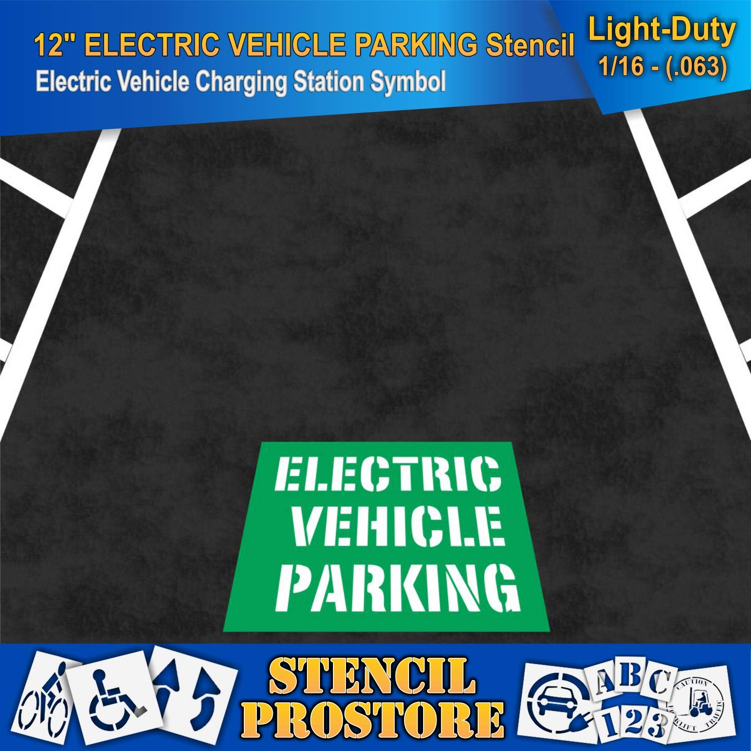Pavement Stencils - 12 in - Electric Vehicle Parking Stencil - 46'' x 62'' x 1/16" (63 mil) - Light-Duty