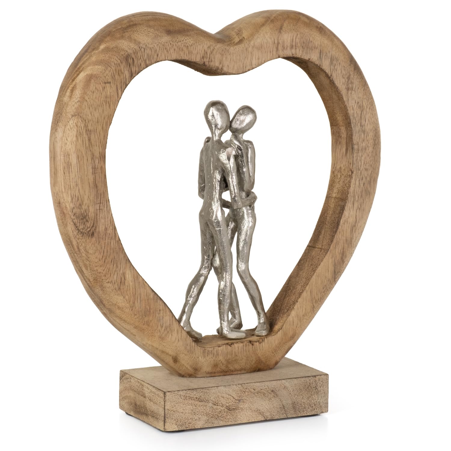 Moritz The Path 35 cm Silber – Mangoholz Liebespaar Skulptur Herz Hochzeit | Aluminium-Paar auf Naturholz-Sockel, Handarbeit und Unikat, Geschenkidee zu Jahrestag oder Valentinstag, für Regal