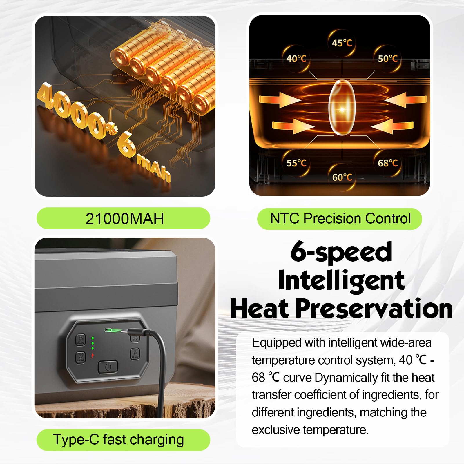 Elektryczne pudełko na lunch z akumulatorem, przenośne, podgrzewane pudełko na lunch dla dorosłych, możliwość ponownego ładowania, samonagrzewające się, z funkcją sterowania czasowego i funkcją