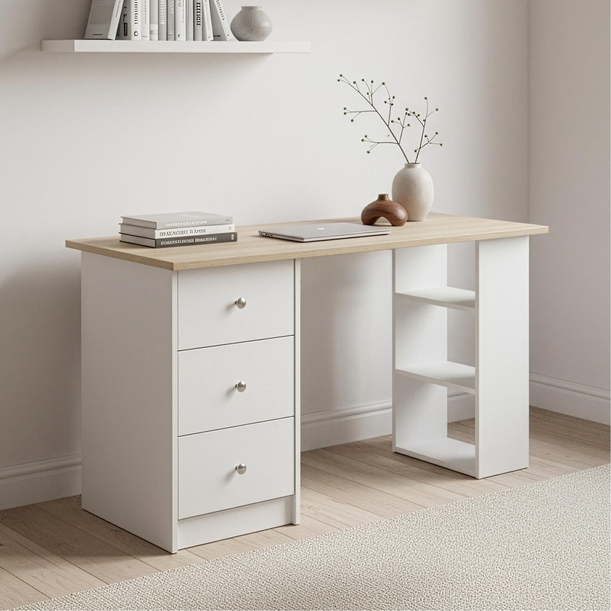 [en.casa] Schreibtisch Lemberg Computertisch 120 x 49 x 72 cm Bürotisch mit 3 Ablagefächern und 3 Schubladen Arbeitstisch Weiß/Eicheoptik
