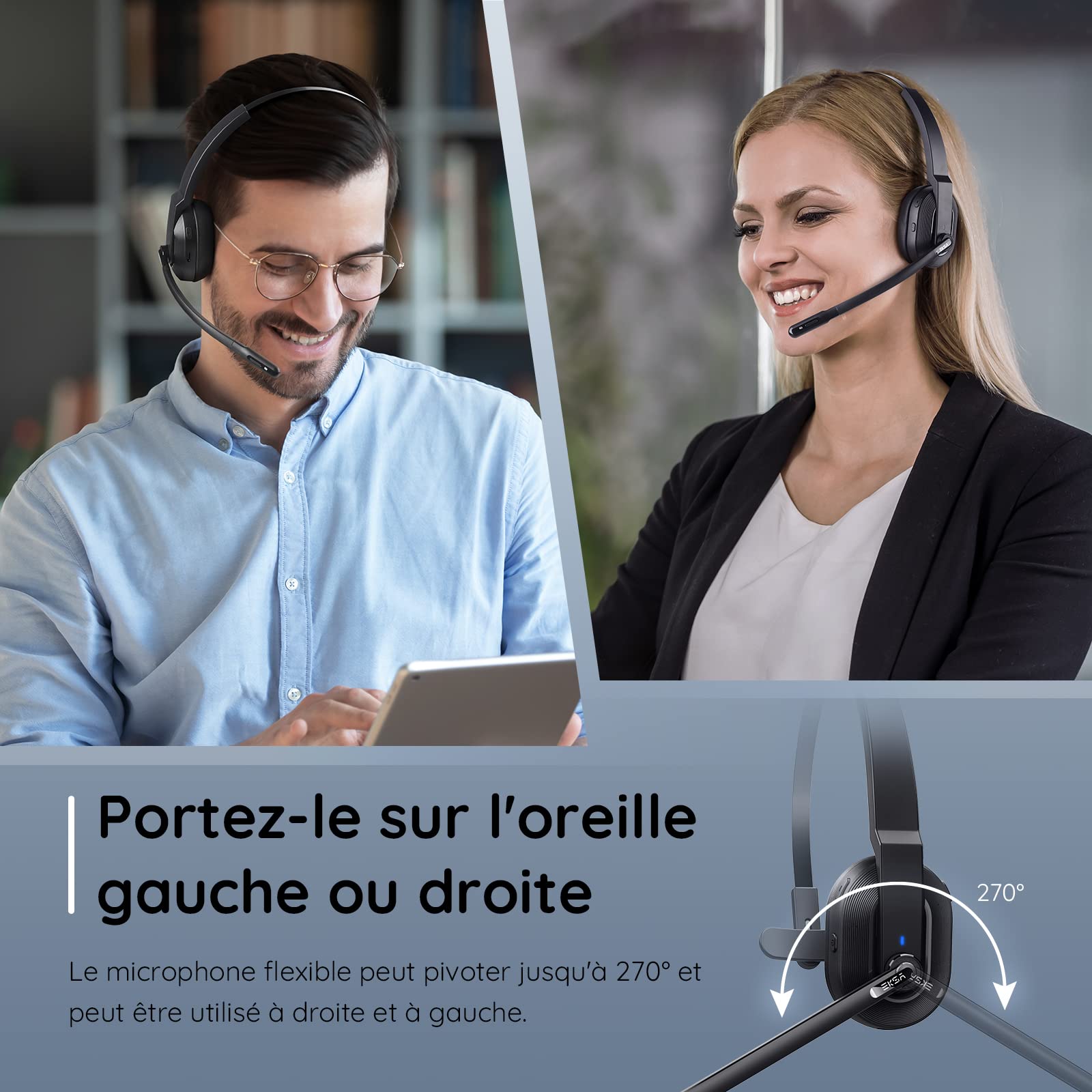 EKSA H5 Casque Bluetooth avec Micro & Dongle USB [45 Heures de Temps de Lecture et Portée de 10 m] Casque PC Mono avec Station de Charge et à Réduction de Bruit AI Mic, Casque sans Fil pour Bureau