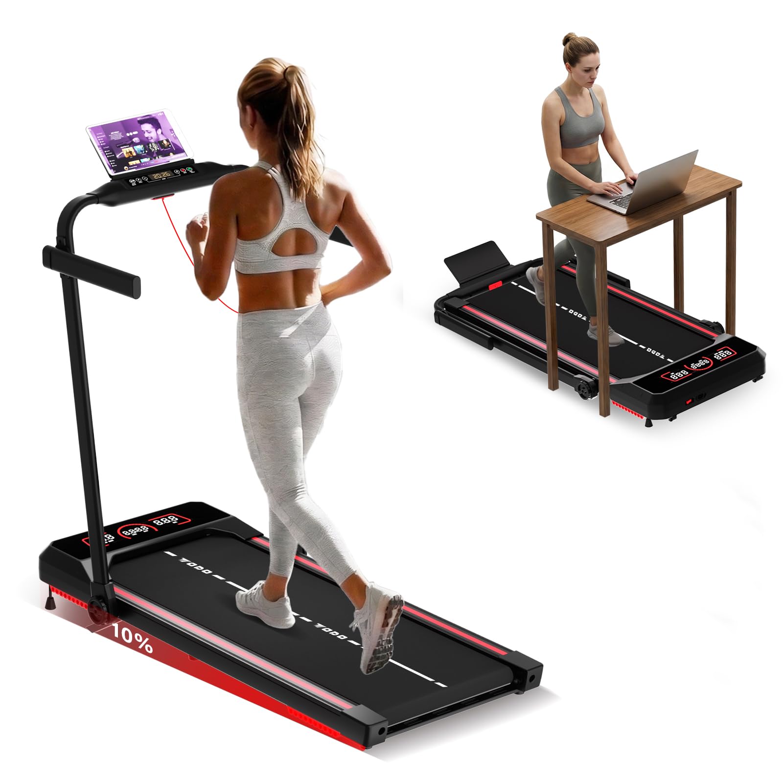 TODO Laufband für Zuhause mit 10% Neigung, 1-12km/h Walking Pad klappbar, 3.5HP Schreibtisch Treadmill für Zuhause & Büro mit Bluetooth-Lautsprecher, 12 Programme, APP und LED-Anzeige