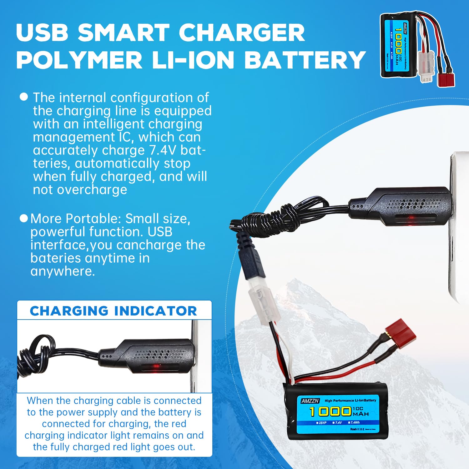 7.4V 1000mAh 2S batteria agli ioni di litio con spina a T e cavo di ricarica USB per YC100 HM161 HM162 HM166 HM201 9145 1:20 remote control truck, HBX X03 remote control ship battery