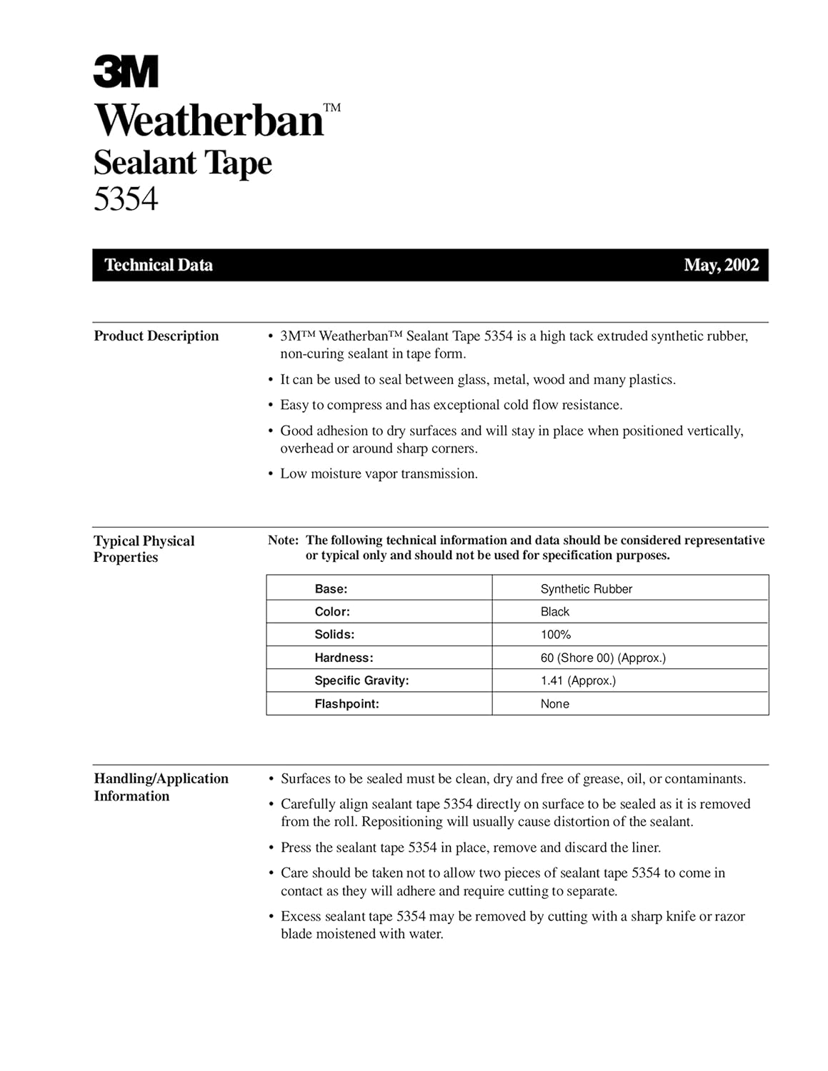 3M Weatherban Sealant Tape 5354 Black, 1/4 in x 1/8 in x 50 ft roll, (Case of 24)