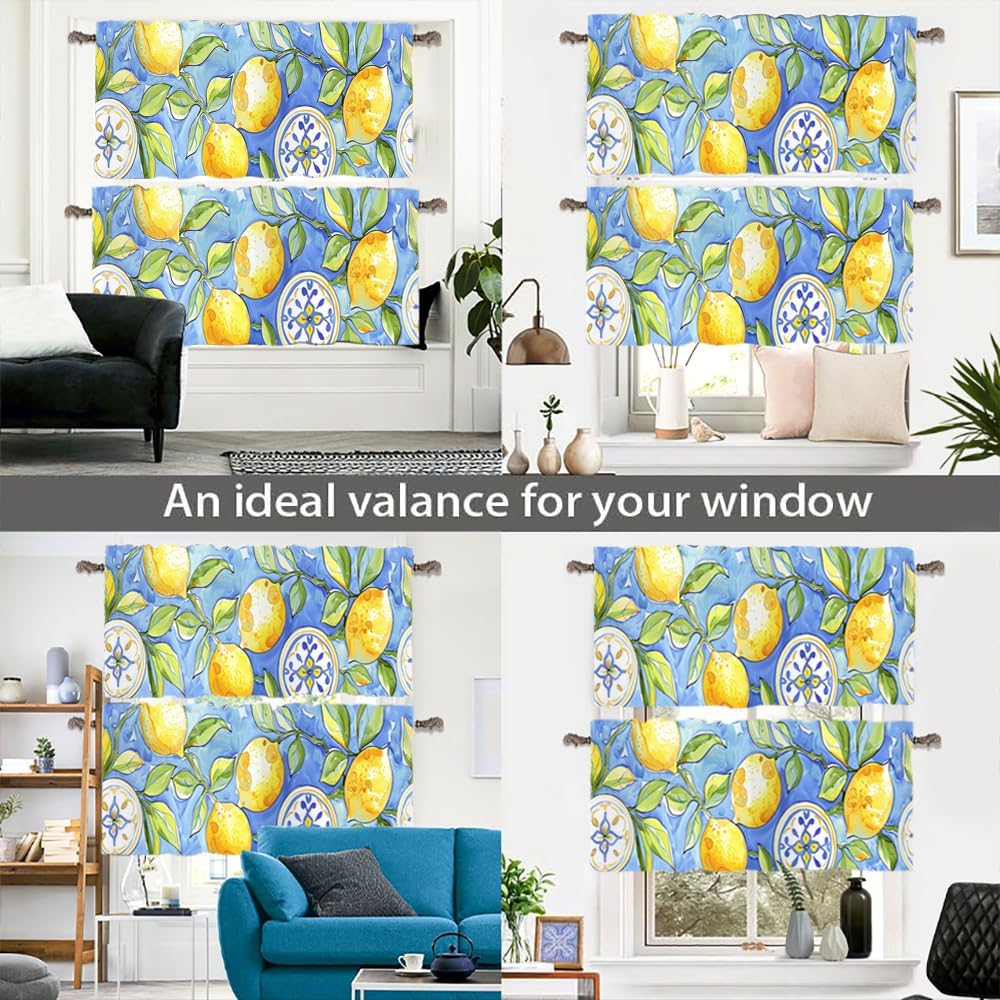 2 Panel Abstract Floral Lemon Watercolor Window Valances, Leaf Fruit Nature Window Treatment Decor Curtains Rod Pocket Valances for Kitchen/Living Room, 54" X 18"