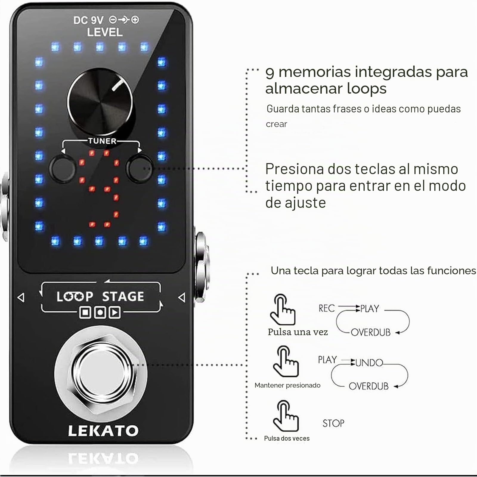 LEKATO Pedal de bucle de guitarra con fuente de alimentación Pedal de efecto de bucle de guitarra con 9 bucles sobregrabados ilimitados 40 minutos de tiempo de grabación para guitarra