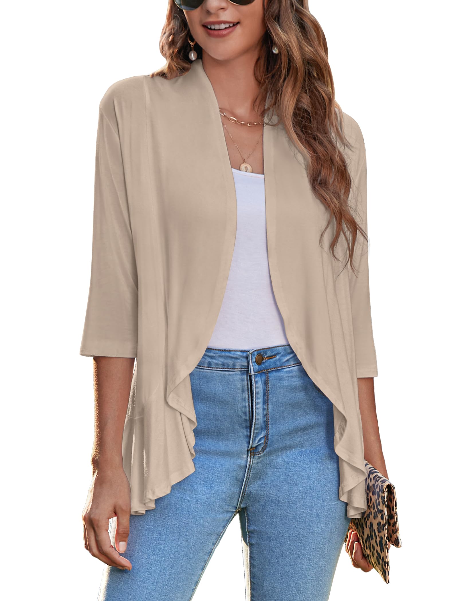 Zeagoo Women's Summer Lightweight 3/4 Sleeve Cardigan Open Front Shrug for Dresses Khaki, Medium