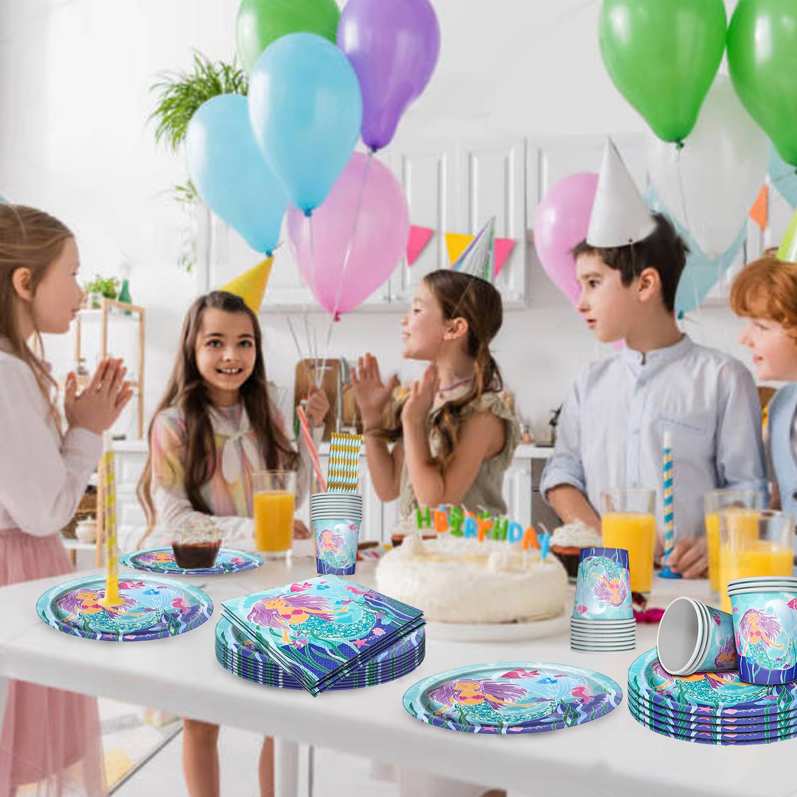 Set Di Stoviglie Per Festa A Tema Sirena, 84 Pezzi: Piatti, Bicchieri, Cannucce E Tovaglioli, Per Compleanni E Feste Per Bambine