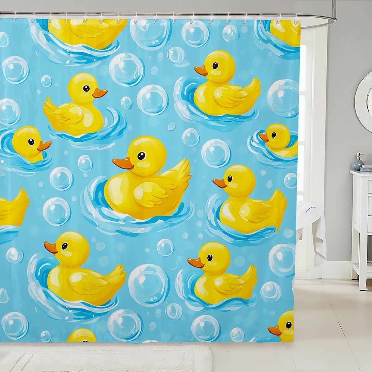 Manfei Cartoon Duck Kids Shower Curtains,Lovely Farmhouse Animal Bathroom Curtain,Kawaii Bubble Cute Home Decor,Blue Yellow Waterproof Curtains,12 Hooks Suits,72" W x 78" L