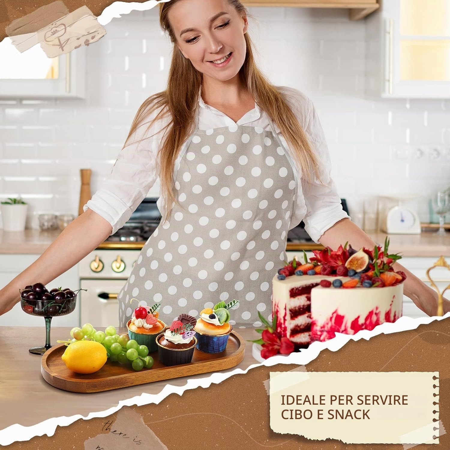 Set di 8 grandi vassoi ovali in legno, 35,8 x 14 cm, per dessert, snack, pane, frutta, aperitivi