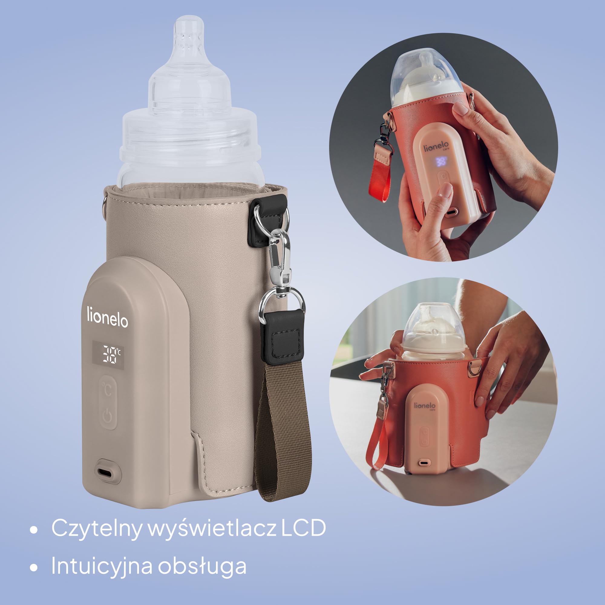 LIONELO Thermup Go EVO przenośny podgrzewacz do butelek, utrzymuje ciepło płynów, 5 temperatur roboczych od 38 do 50°C, ładowanie przez USB-C, do 9 godzin pracy, wyświetlacz LCD