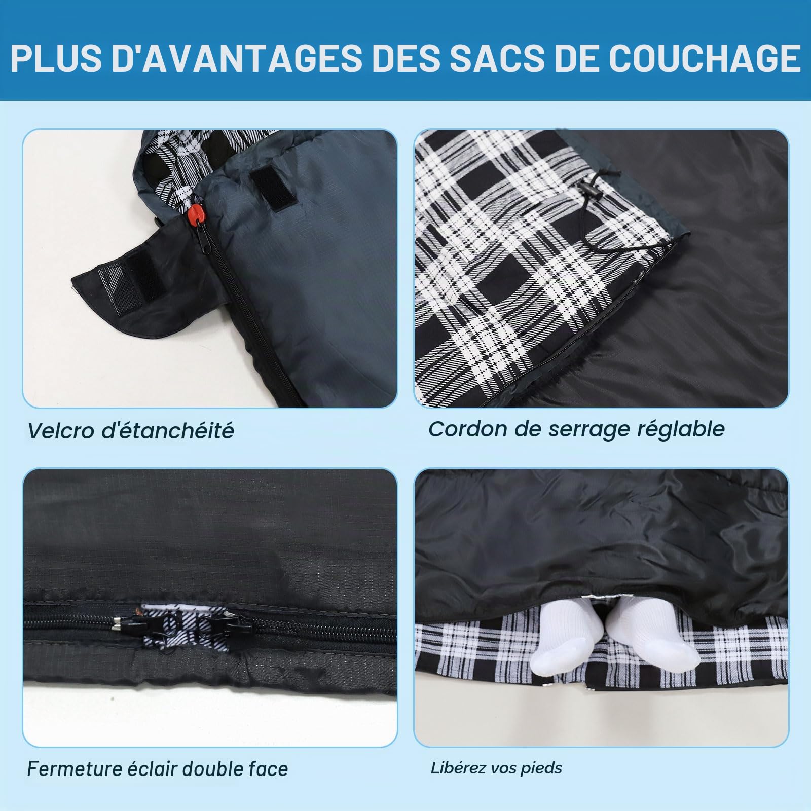 Sac de Couchage Double en Flanelle pour Adulte Sac de Couchage 2 Personnes Hiver avec 2 Oreillers pour Camping Randonnée Voyage Extérieur Intérieur Maison 233 * 157CM