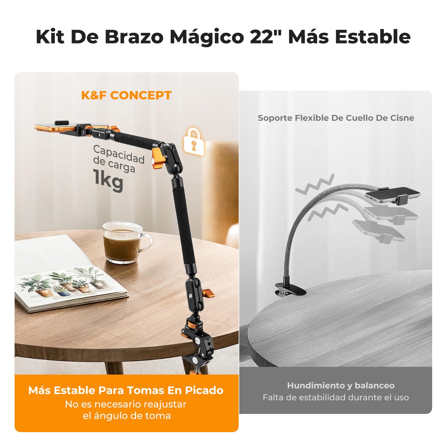 K&F CONCEPT Kit de Brazo Mágico 22" con Pinza, Soporte de Cámara Articulado para Teléfono, Cámara de Acción, Luz LED, Micrófono