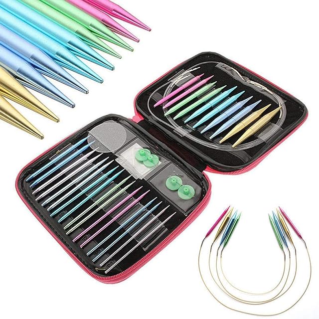 Circular Knitting Needle Kit, 13 Sizes Interchangeable Aluminum Knitting Needle 2.75mm-10mm with Storage Case, Portable Handmade Weaving Tool