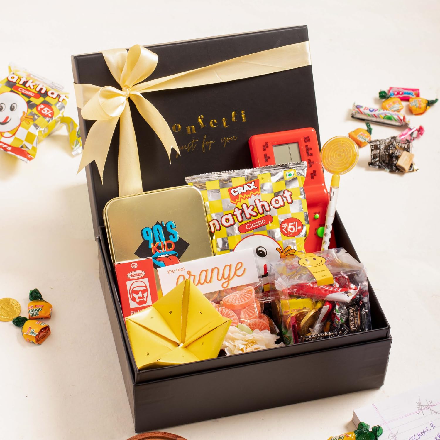 Confetti Gifts Hamper For 90s Kids Kit Box | Wheat Puffs |Sweet Cigarettes |Candies|Playing Cards|Chocolate| Paper & Brick Game| Birthday Gift for Men Family Friends (B0CJTTVKQ3) Amazon Price History, Amazon Price Tracker