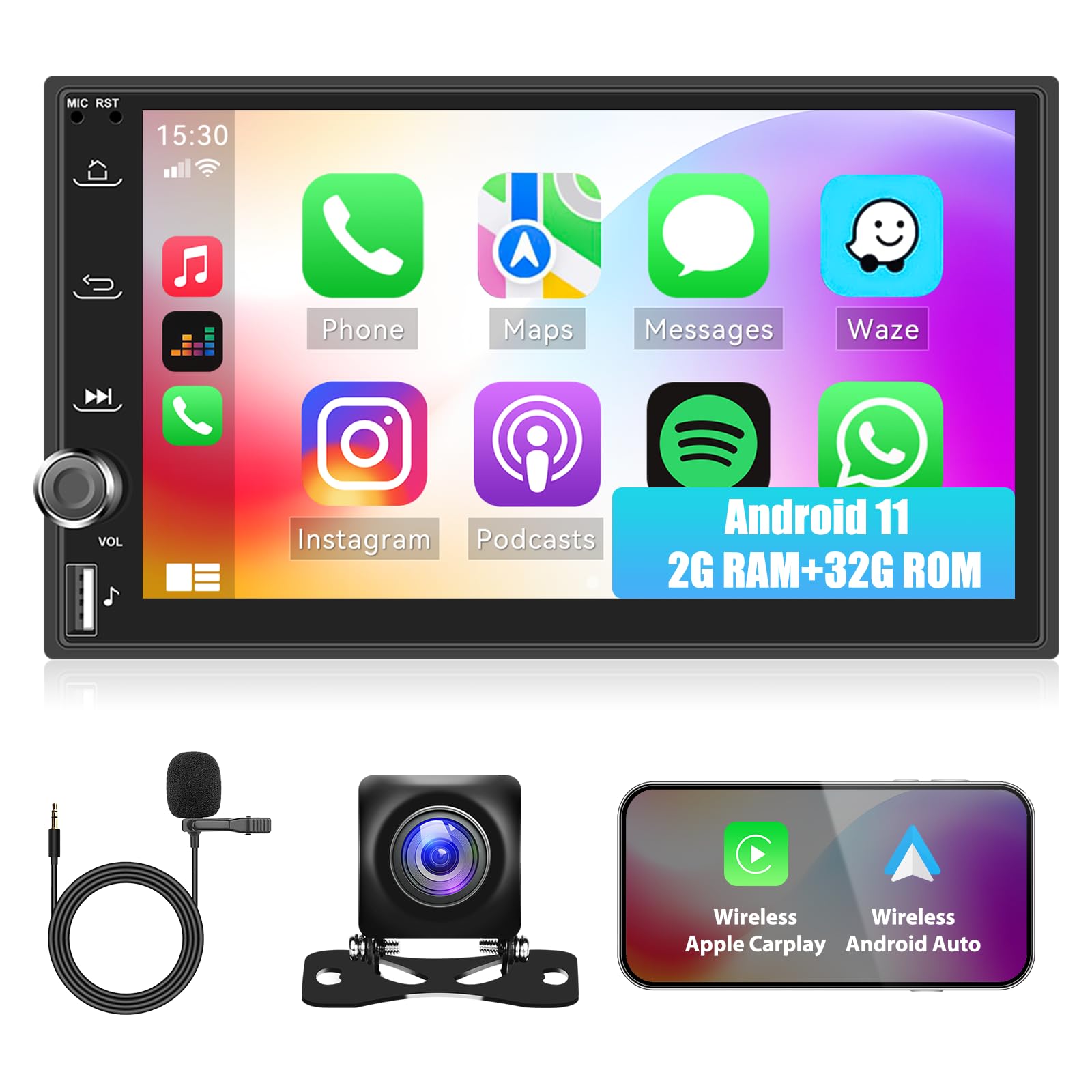 AutoRadio 1 Din Avec CarPlay/Android Auto Sans Fil - Écran 6.86" - Bluetooth, Caméra Recul, Télécommande