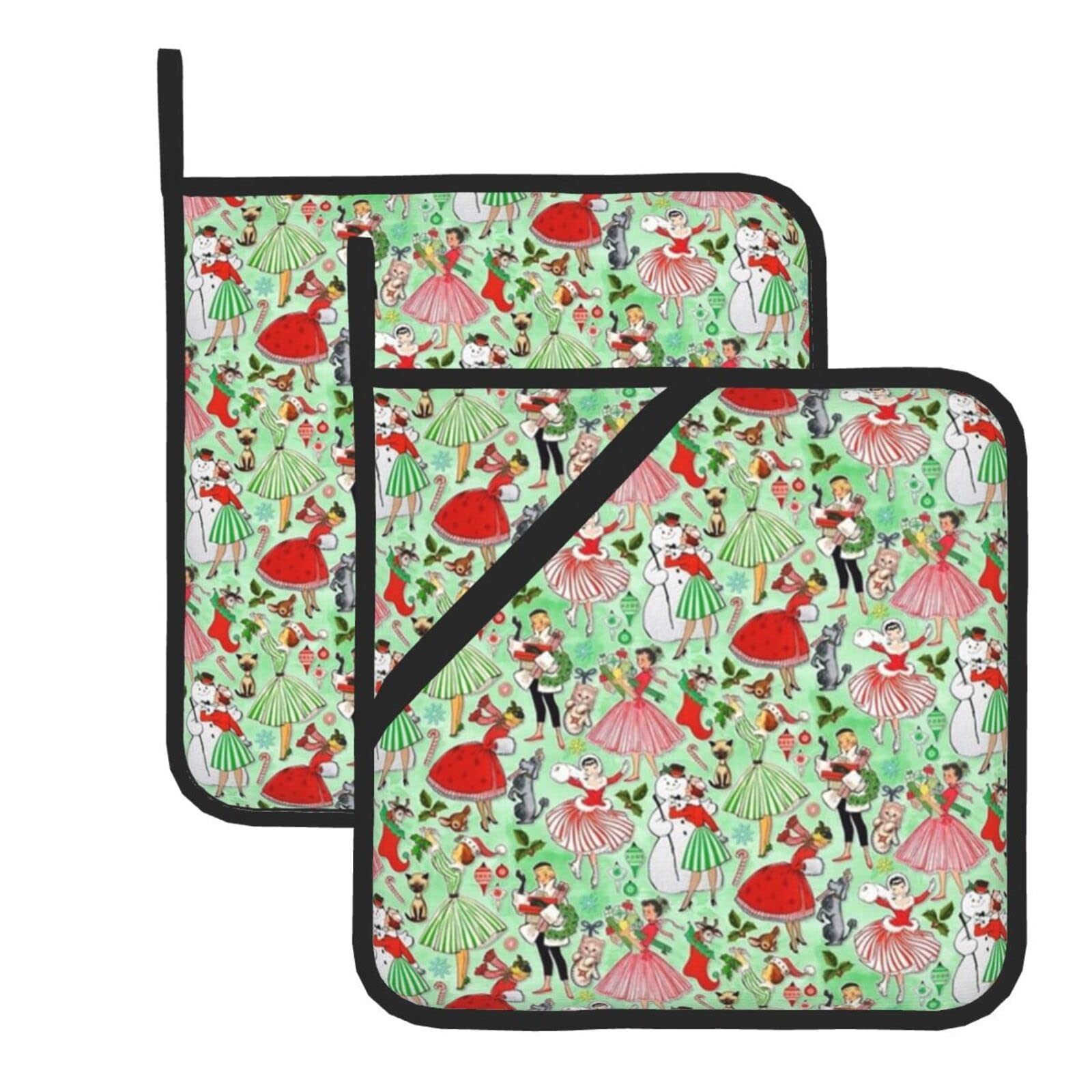 Vintage Christmas Traditions Pot Holders Sets, Heat Resistant Potholders With Soft Cotton Infill For Cooking Baking Bbq Grilling (2-Piece Sets)