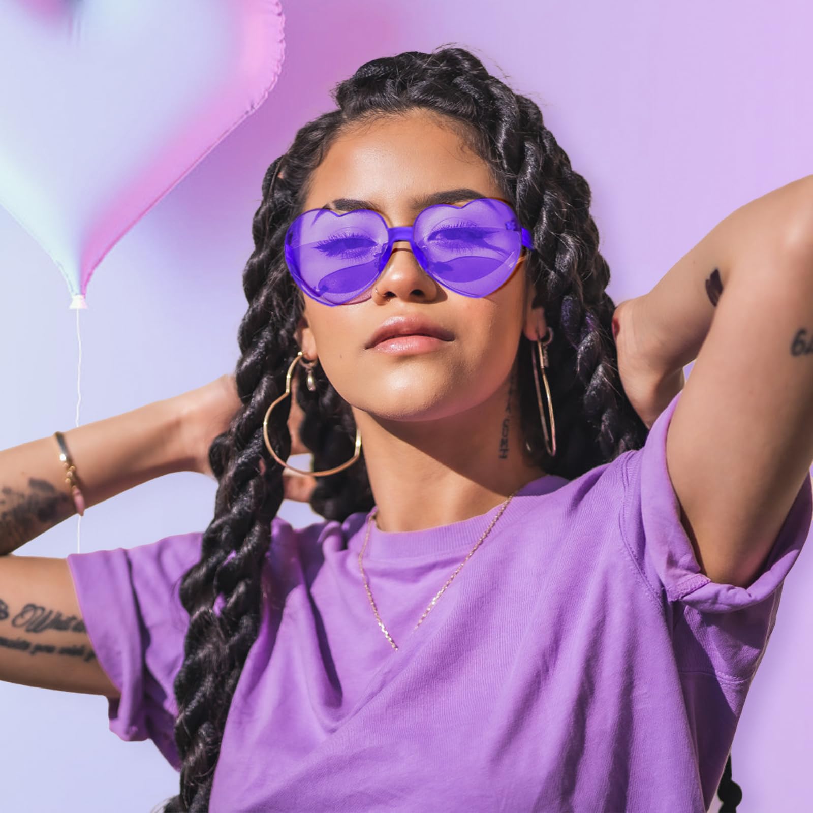SelfTek 10 Pcs Purple Heart Glasses Rimless Heart Sunglasses Love Heart Shaped Glasses Transparent Colored Heart Glasses Multipack Fashion Funky Eyewear for Women Men Kids - Image 4