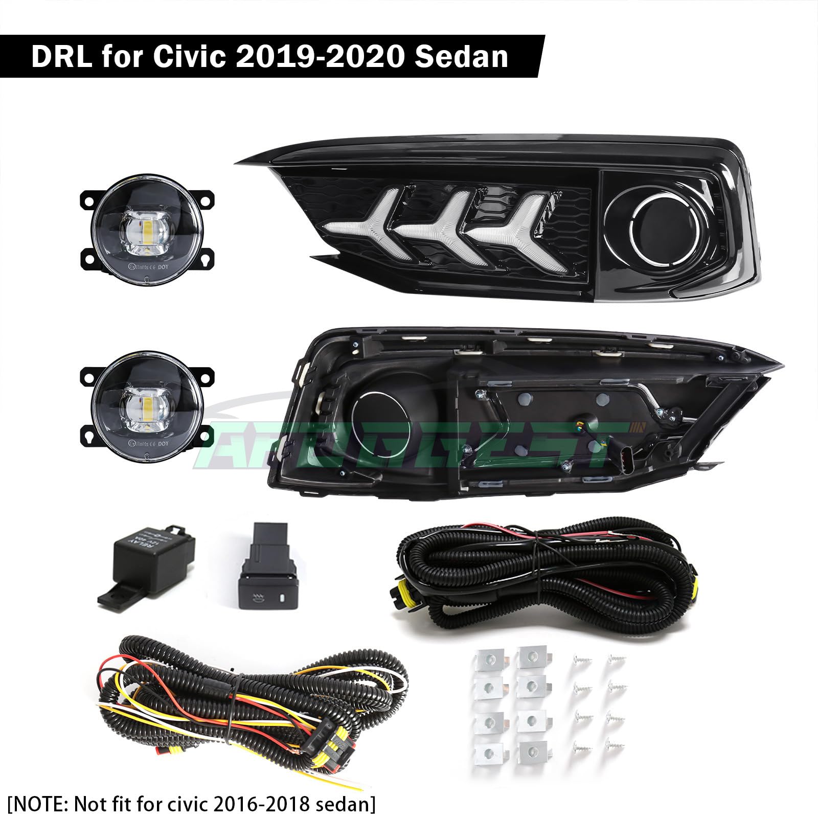 AFOGGEST Daytime Running Light For Honda Civic 2019 2020 Fog Lights Tri-Colors DRL With LED Lamp Bulb Front Fog Light+Wire Harness