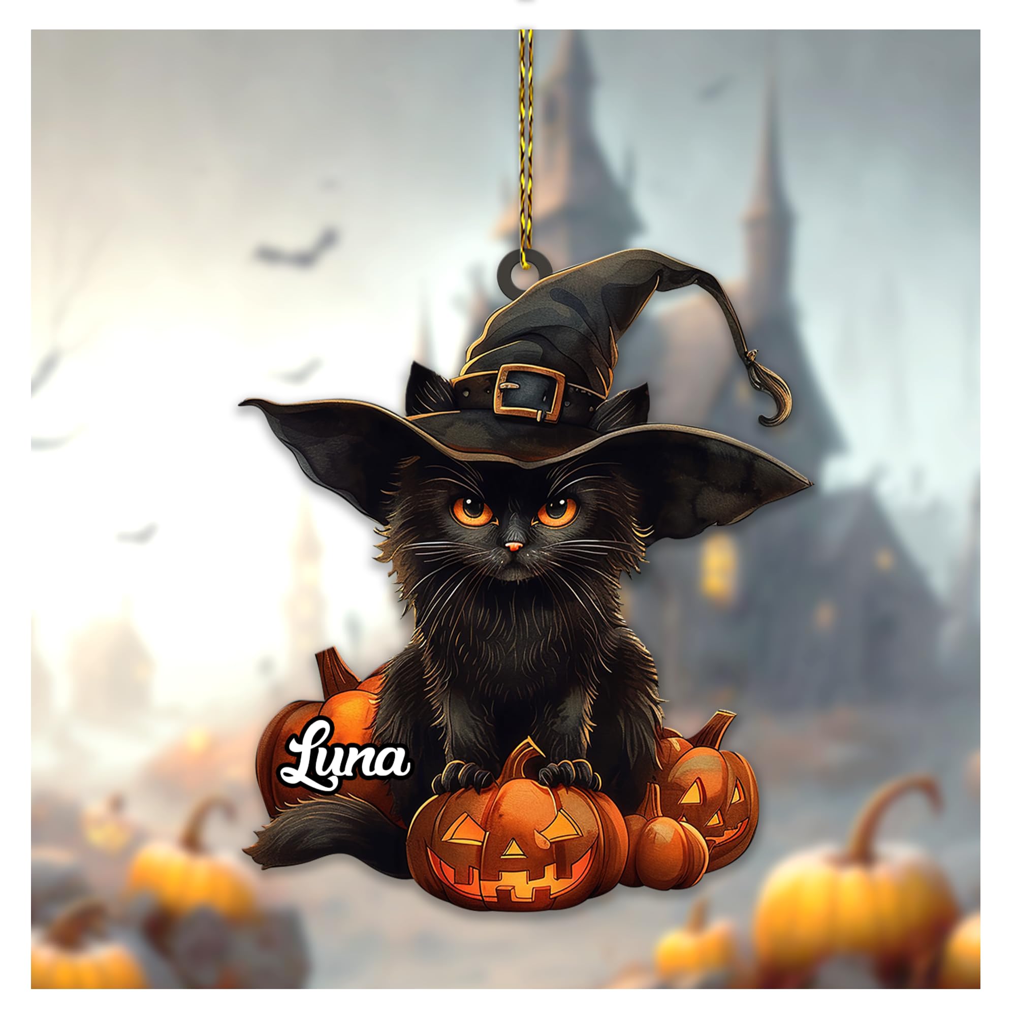 Hyturtle Personalized Black Cat Ornament - Gifts for Cat Lovers and Women - Halloween Decor - Spooky Season Custom Name Acrylic Decoration