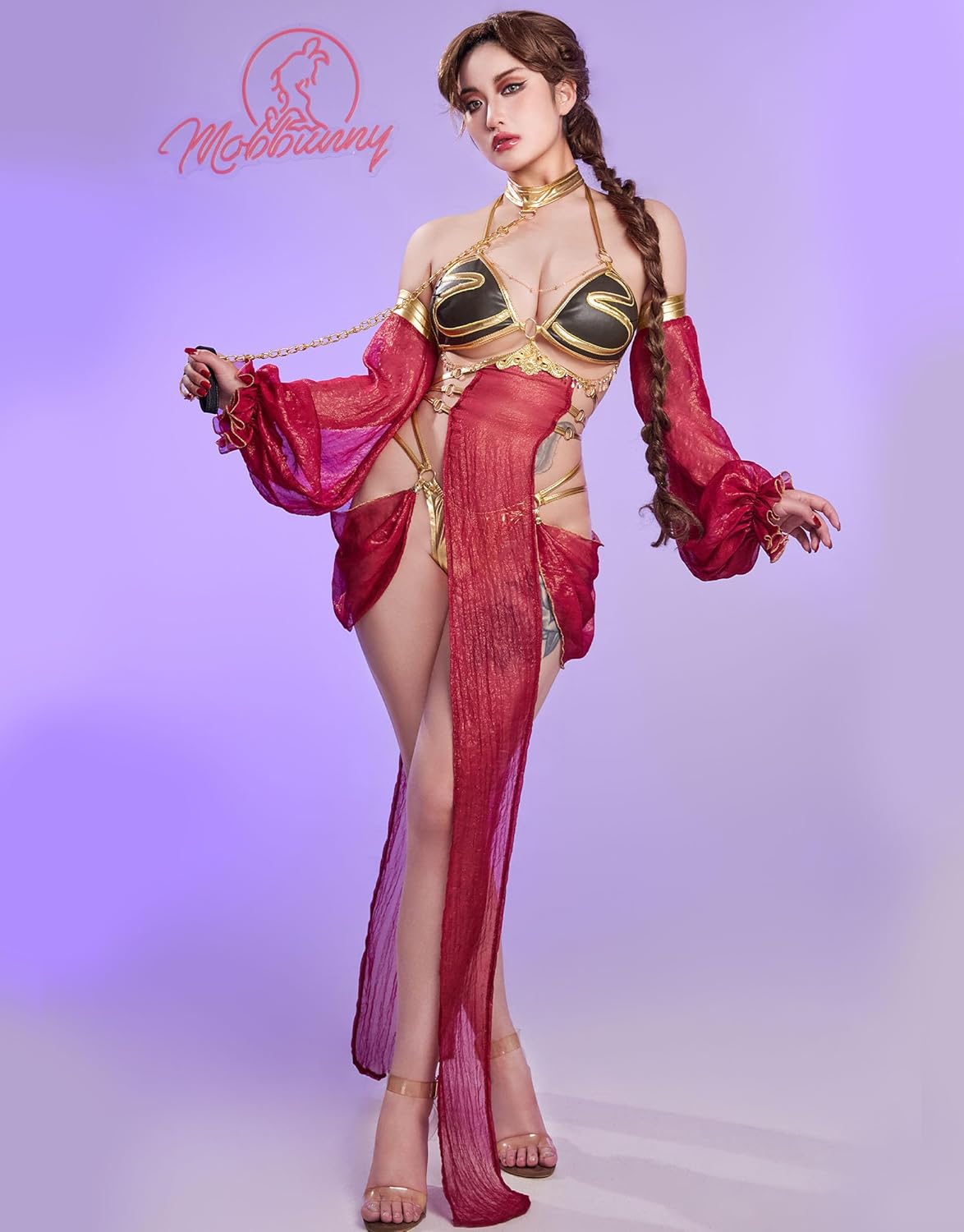 Mobbunny Women Princess Derivative Cosplay Costume Movie Sexy Lingerie Top Thong with Sleeves Choker Chest Chain