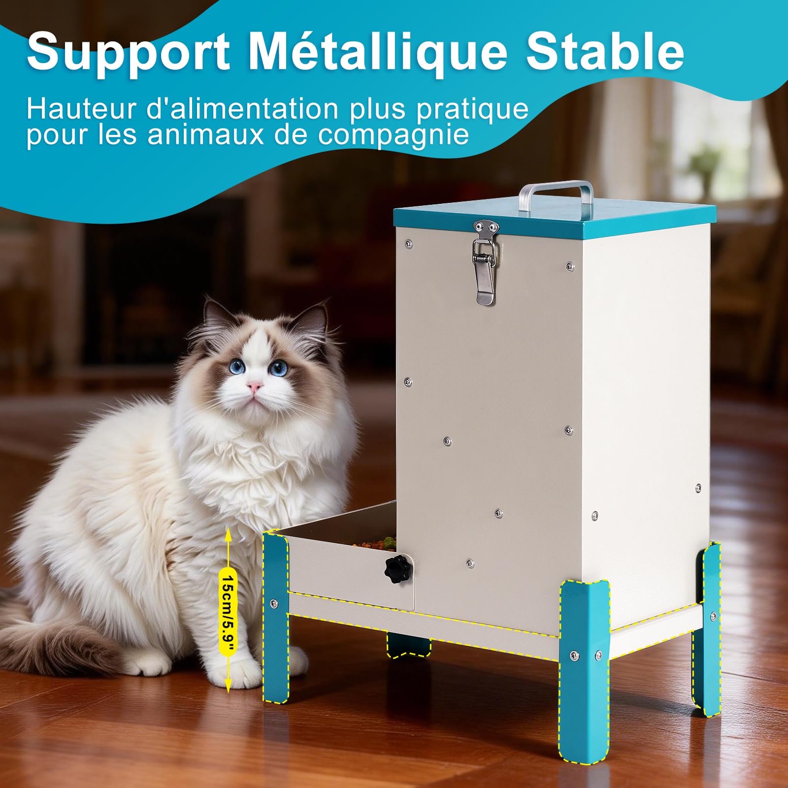 Distributeur Croquettes Chat Automatique 10L Gamelle Surélevée pour Chien, Mangeoire Secs en Métal Amovible pour Animaux de Compagnie, Solide e Simples à Nettoyer