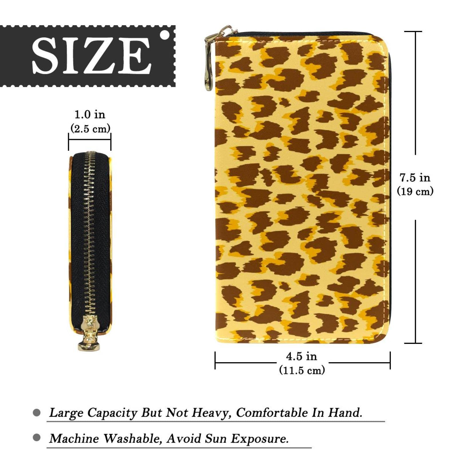 Cartera larga de cuero con cremallera de color natural con patrón de leopardo, Varios colores, 20.5x2.5x11.5cm/8.07x1x4.53 in, Classic