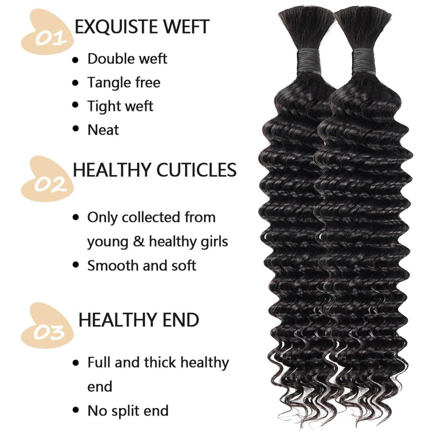 Braiding Human Hair 20 Inch Deep Wave Natural Black Human Hair Extensions 2 Bulks 12A Unprocessed Brazilian Virgin Hair Quick Weave Bulks Curly Human Hair Extensions for Boho Braids