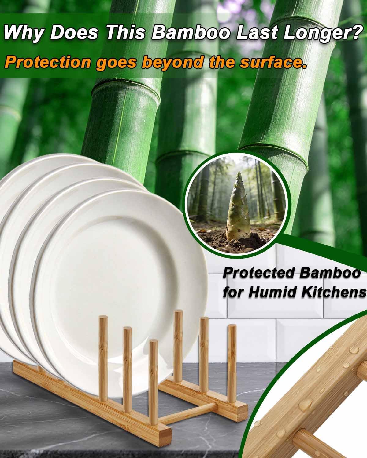Bamboo Dish Rack, 6-Slot Vertical Wooden Plate Holder & Drainer