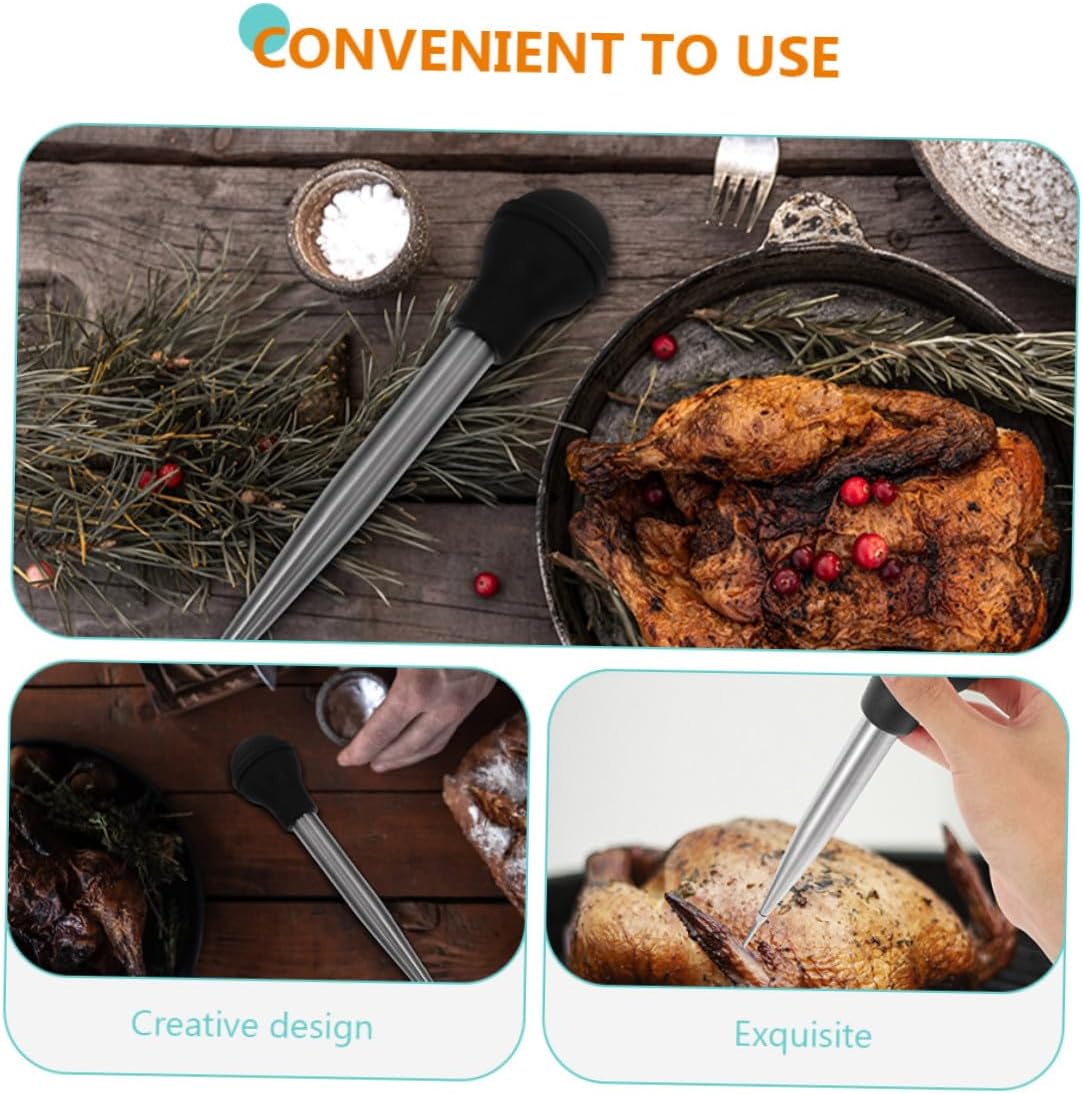 Stainless Steel Turkey Seasoning Injector Pump with Flexible Silicone tube Comfortable Grip for Bbq for Brisket Pork Chicken Lamb and More Reusable Kitchen Marinade Tool