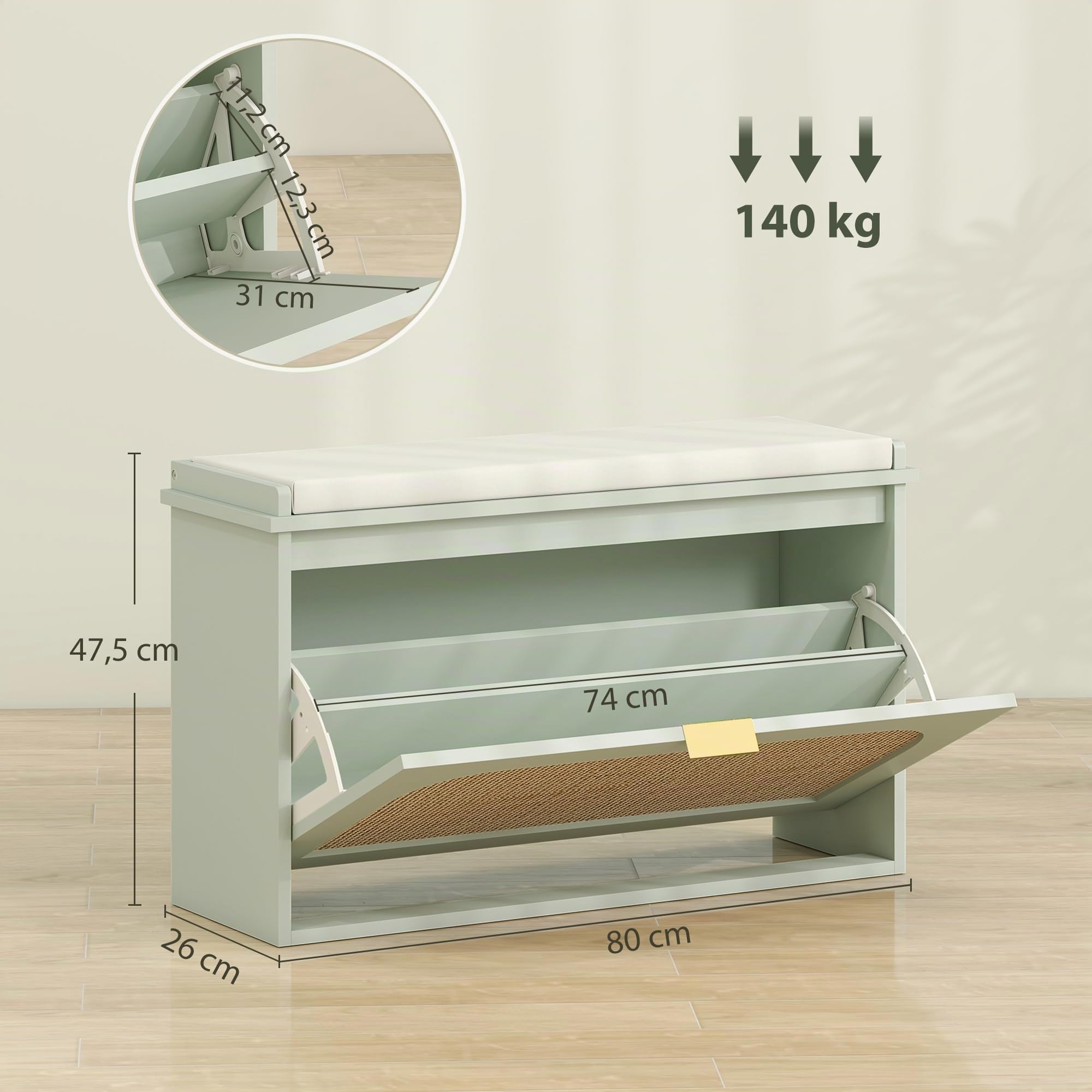 HOMCOM Panca Scarpe Ingresso Sed. Imbott. 80x26x47,5 cm Verde