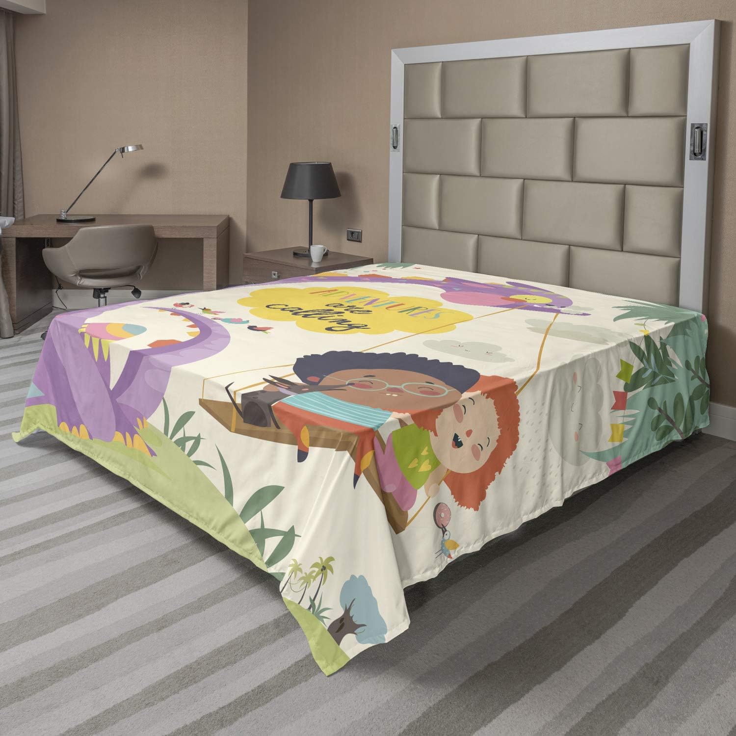 Ambesonne Cartoon Flat Sheet, Happy with Adventures are Calling Calligraphy Funny Dinosaur Monster, Soft Comfortable Top Sheet Decorative Bedding 1 Piece, Queen Size, Multicolor