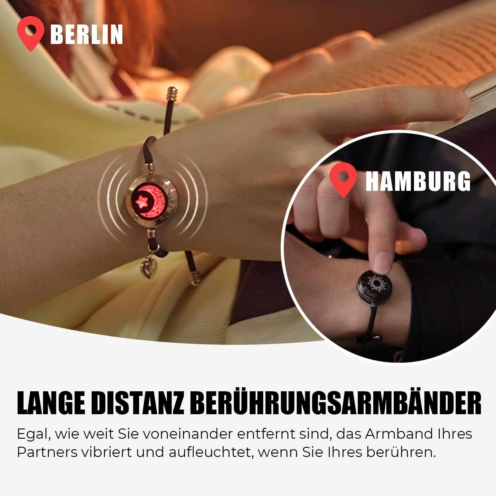 TOTWOO Pulsera de pareja a Distancia – Conexión por Bluetooth con Vibración, Iluminación y Función Táctil – Regalo Romántico para Amor a Distancia