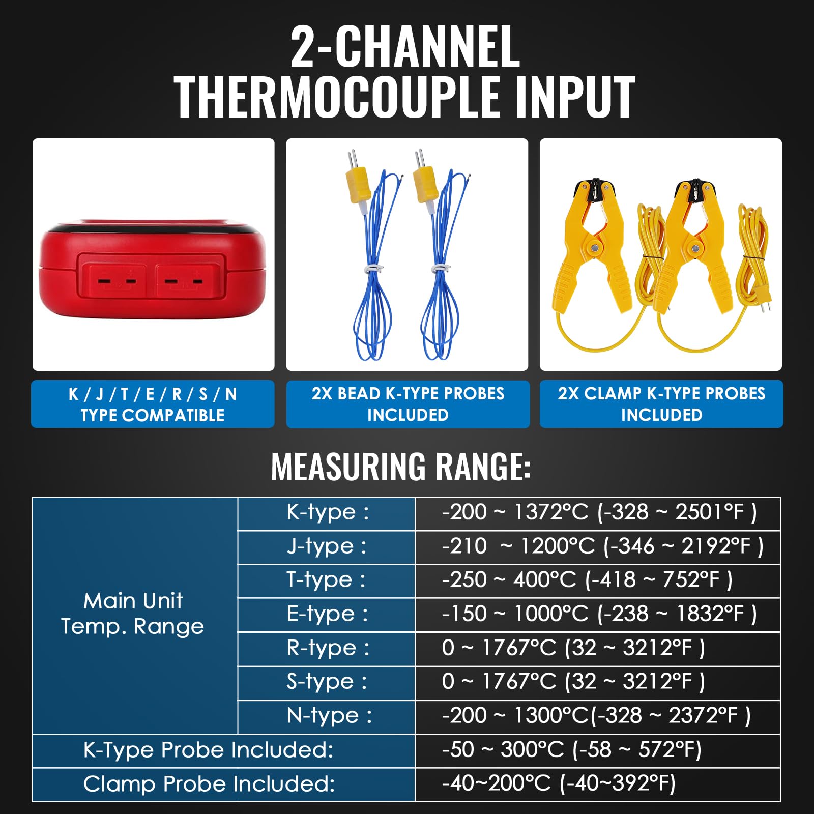 Termometro a termocoppia a doppio canale Tipo K/J/T/E/R/S/N -150~1767 °C Misuratore di temperatura digitale Retroilluminazione 2 sonde