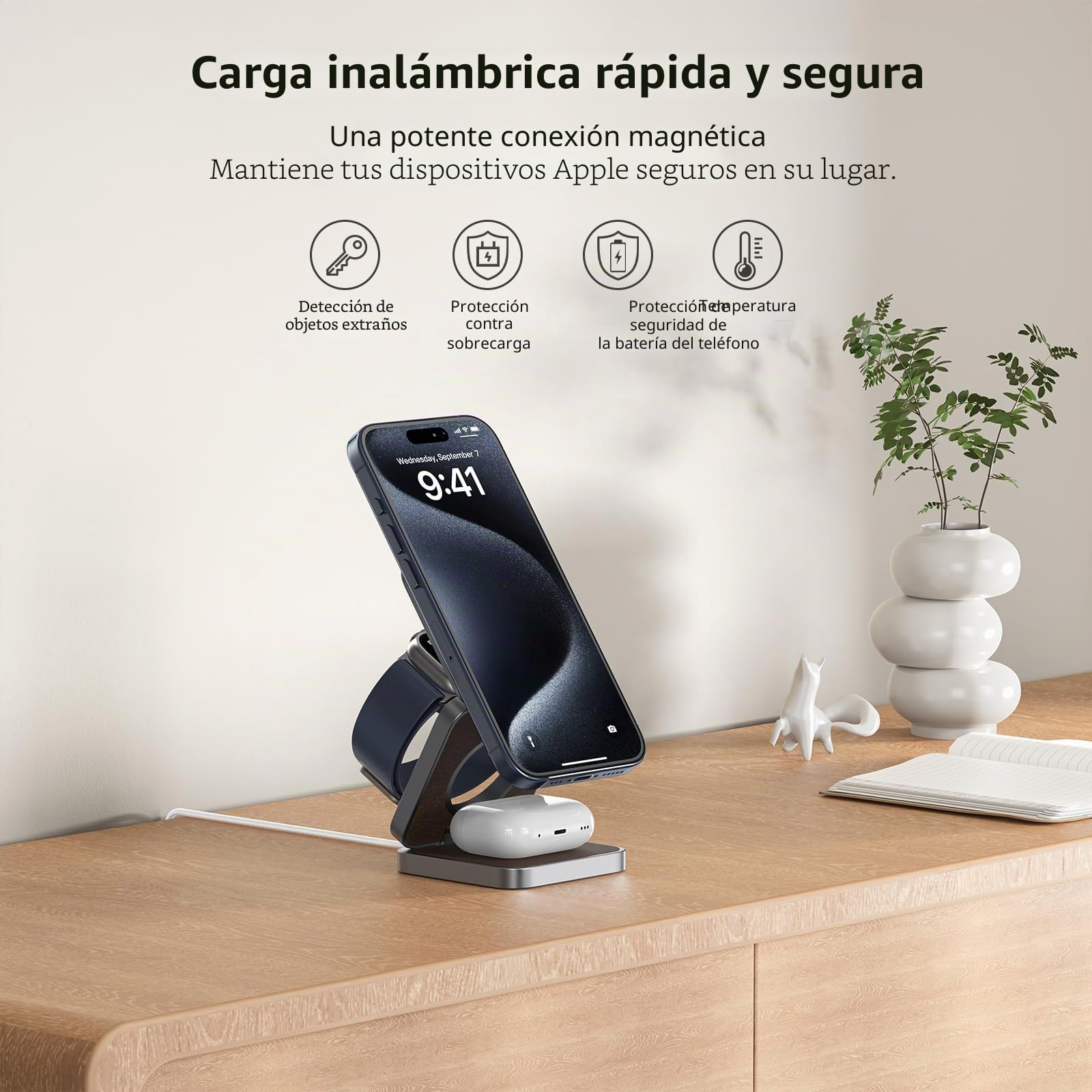 KU XIU X40 Cargador Inalámbrico 3 en 1 Plegable de Aluminio – Estación de Carga Magnética para iPhone 17–12 /Air, 5W para iWatch Ultra/SE/Series 11–4 y Auriculares Inalámbricos 4/3/2/Pro – Cuero PU