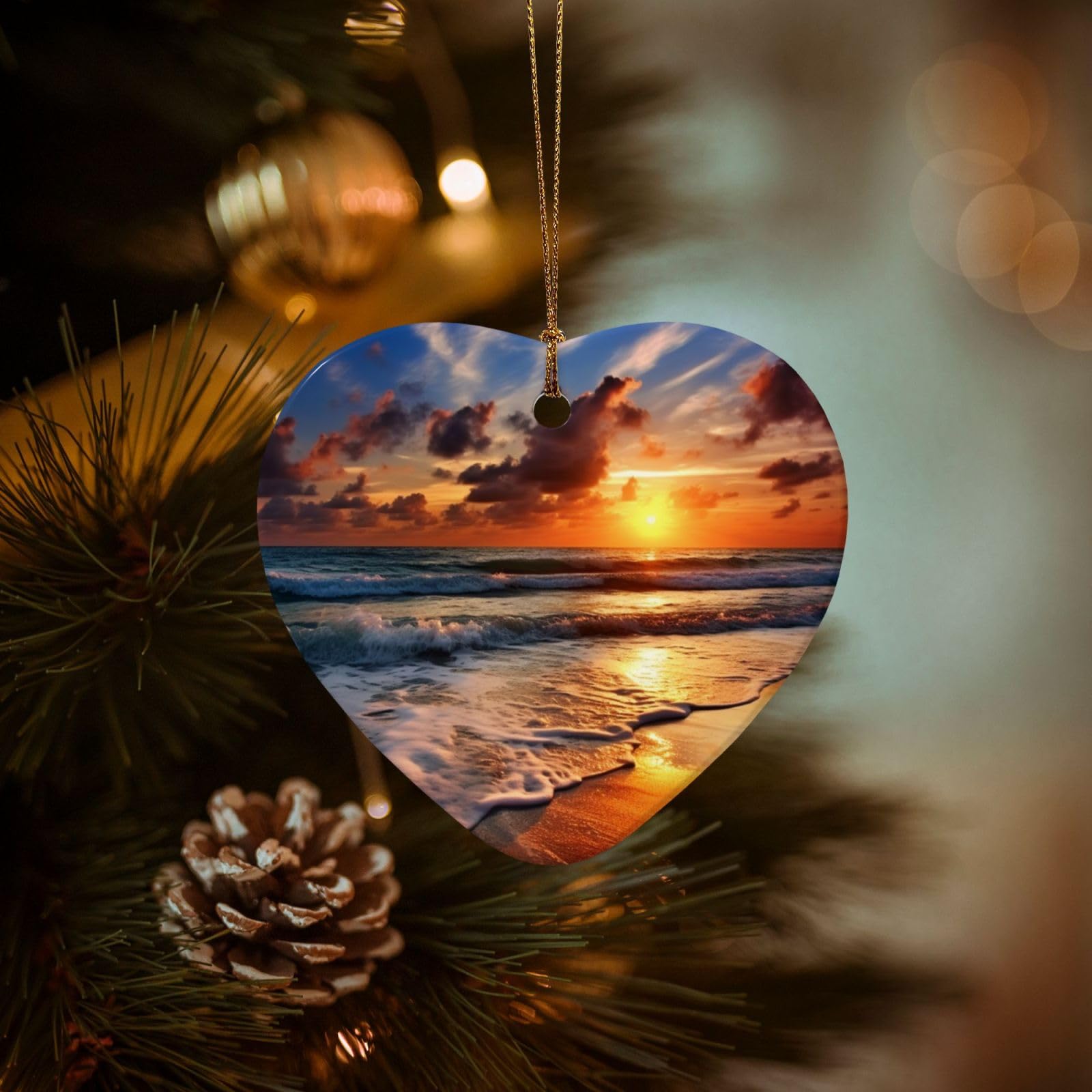 Christmas Ornaments for Christmas Tree Decoration Hanging Beach Sunrise Ornament with Gold Ribbon Crafts Heart Shape Ceramic Pendant for Keepsake Gifts Xmas Decor Party Supplies