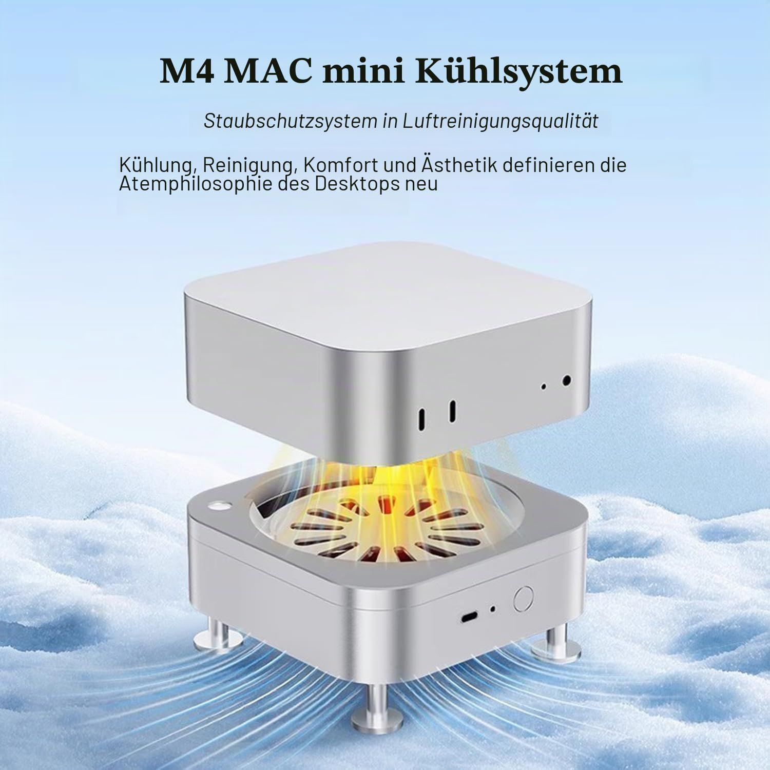 Aluminium-Desktop-Ständer für Apple Mac Mini M4/M4 Pro (2024) – Dual-Lüfter-Kühlständer, offenes Design mit Zugang an der Unterseite und Luftfilter, 3-Gang-Smart-Kühlung