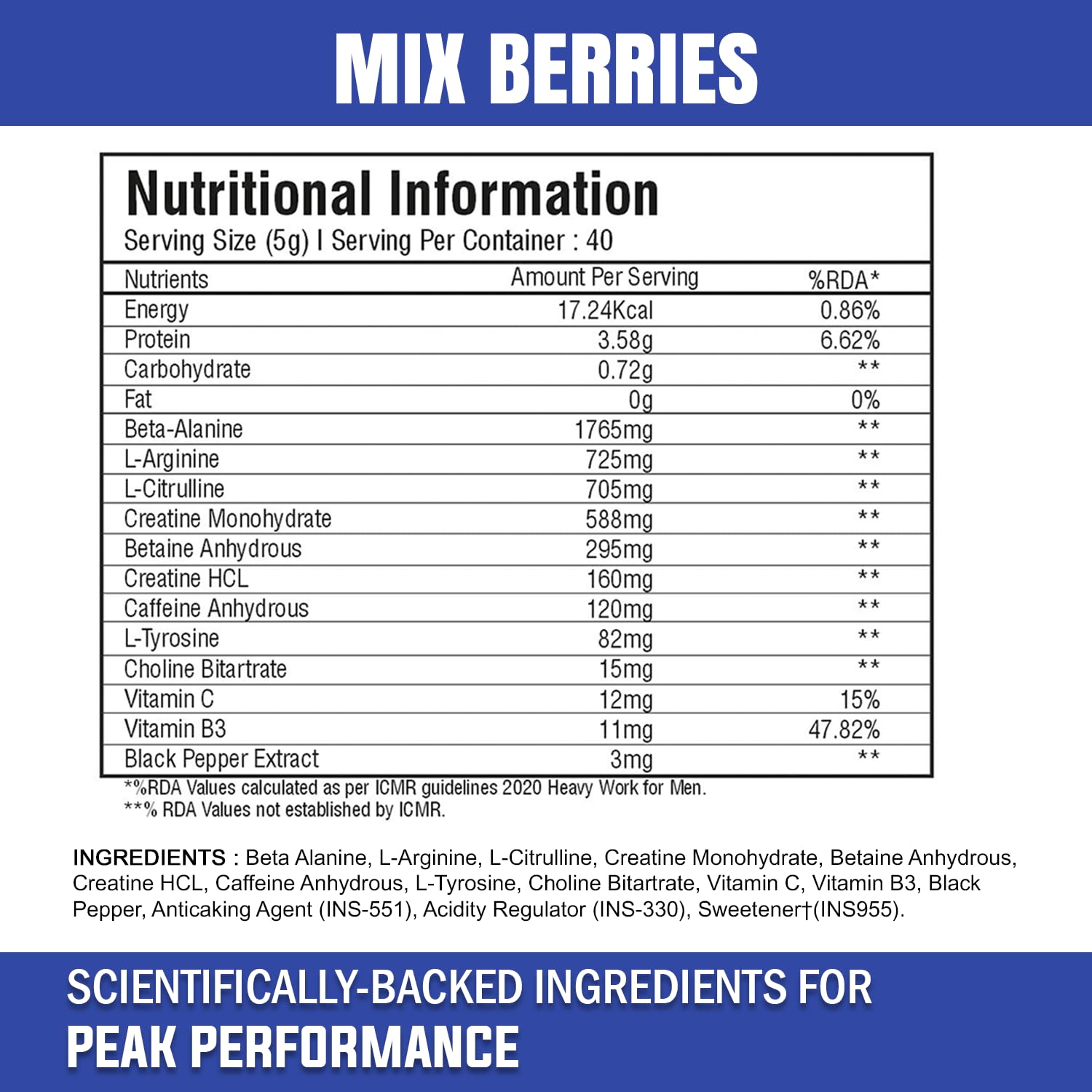 Instant Energy Pre Workout (200gm, 40 Servings, Mix Berries) Supplement Powder with Creatine Monohydrate, Arginine, Beta-Alanine, Electrify Muscle Pump, for Men, Women — Amazon image 6