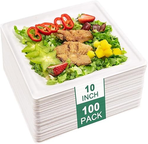 SUT Platos de papel compostables de 10 pulgadas, 100 platos cuadrados biodegradables de bagazo, platos resistentes para microondas, platos